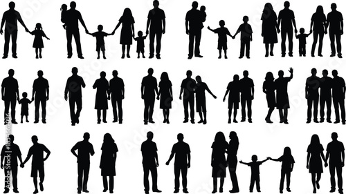 Family silhouette collection, adult child interaction, walking holding hands, black figures, social bond sketch, CAD streetwear flat vector illustration