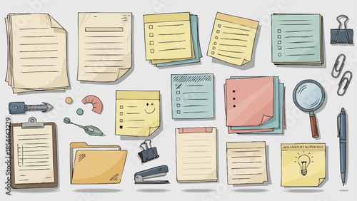 Collection of Hand Drawn Office Supplies and Stationery Items.