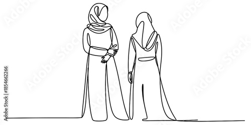 Continuous line drawing depicting two elegant muslim women wearing hijabs in minimalist style Vector, illustration
