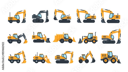Construction Vehicle Icons A Collection of Excavators, Bulldozers, and Heavy Machinery in Various Poses