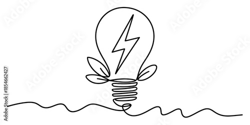 Continuous line art drawing of a lightbulb with lightning bolt and leaves for eco-friendly power idea Vector, illustration