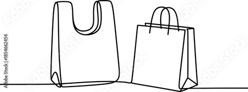 Two shopping bags, one with handles and one without, drawn in a minimalist line art style Vector, illustration