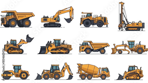 Collection of construction vehicles and heavy equipment illustrations, perfect for industrial projects