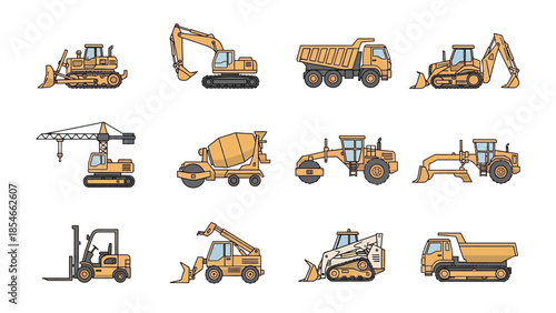 Construction Vehicles Illustration Set Various Heavy Machinery for Building and Development Projects