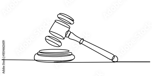 Continuous line art illustrating a gavel striking the sound block representing justice and authority Vector, illustration