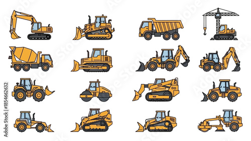 Collection of construction vehicles and machinery illustrations in a vector format, isolated on white
