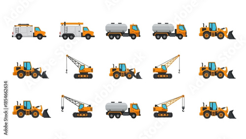 Construction Vehicles A Collection of Dump Trucks, Excavators, and Tankers in a Row, Ready for Work