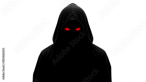 Hooded figure with glowing red eyes standing in darkness isolated on a transparent background silhouette