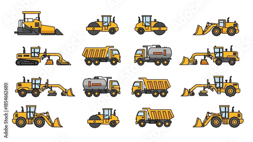 Collection of construction vehicles, including rollers, loaders, trucks, and asphalt pavers, in a yellow color scheme