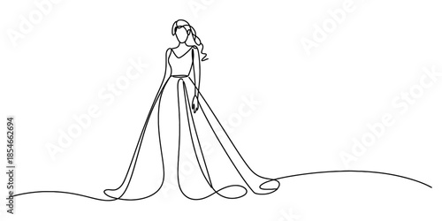 A minimalist single continuous line drawing capturing an elegant woman in a beautiful gown Vector, illustration