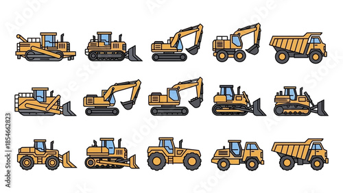 Construction Equipment Collection Vector Illustrations of Bulldozers, Excavators, and Dump Trucks