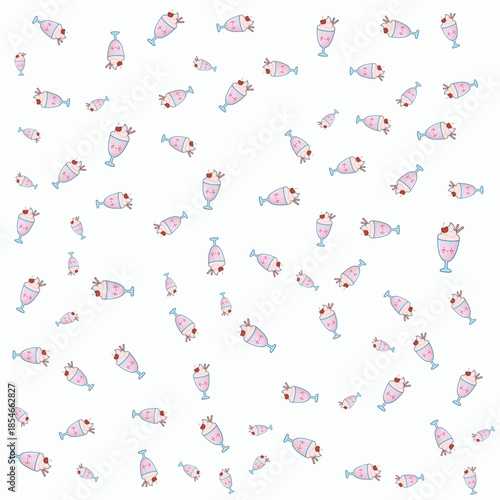 Cute Kawaii Strawberry Milkshake Sundae Seamless Pattern with Cherry in Glass Vector Background