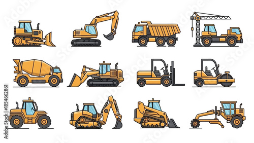 Collection of construction vehicles, machinery and equipment illustrations for design and projects