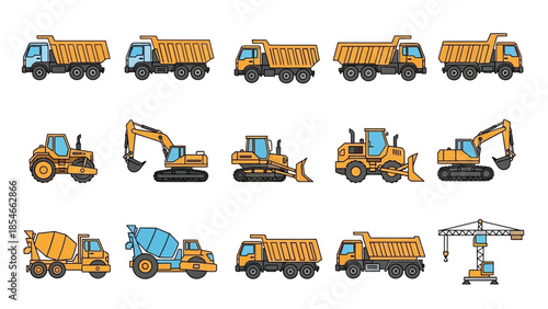 Collection of construction vehicles illustrated in vector style including trucks, excavators, and more