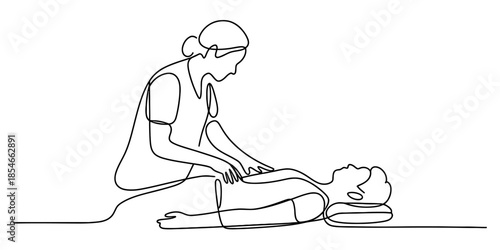 One continuous line drawing depicting a medical professional performing chest compressions or cpr on a patient Vector, illustration
