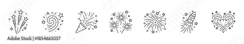 Fireworks burst with fire and sparks line icons set. Fireworks Rockets Icon, Sparkle Swirl Icon, Party Popper Icon and more , vector illustration. 
