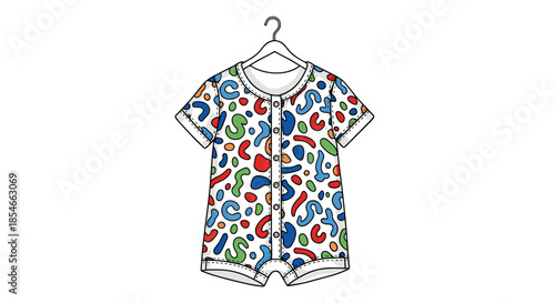 Colorful short sleep romper with playful abstract pattern isolated on white background, displayed on hanger