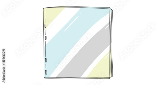 Transparent sheet protector with pastel hues isolated against a white background, displaying reflective surface and three-hole design
