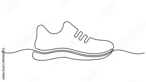 Continuous one line drawing of a modern athletic running shoe or sneaker. minimalist black contour art on a clean white background. Stylish shoes minimalist footwear outline vector illustration