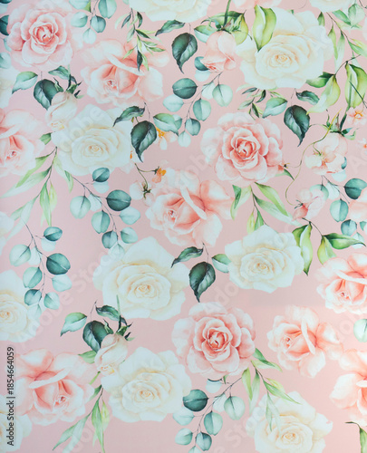 Romantic Floral Pattern with Pink and White Roses on Pastel Background