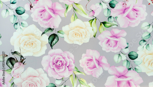 Elegant Floral Pattern with Purple and Cream Roses on Gray Background