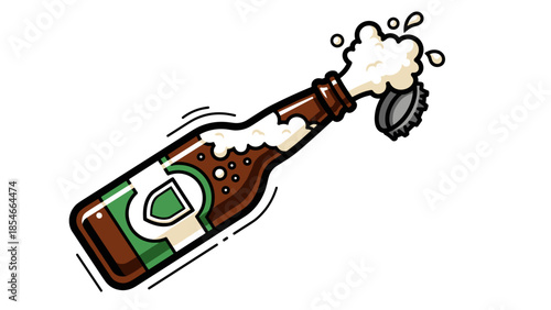 Foaming Beer Bottle Splash Cartoon Illustration