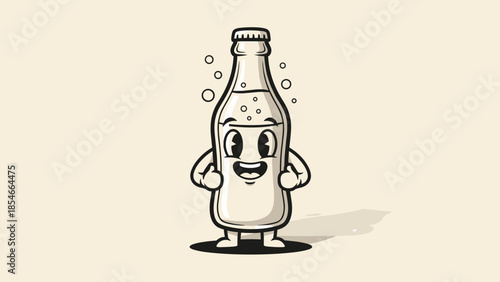 Cute Cartoon Soda Bottle Character with Bubbles Illustration