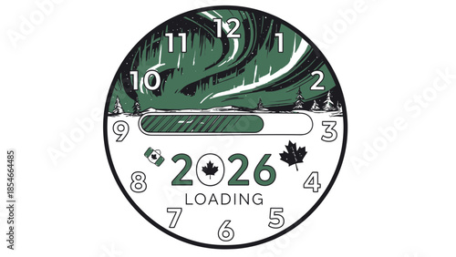 Display showing 2026 loading with northern lights backdrop, maple leaves, and canadian patriotism for an automatic smart watch face design