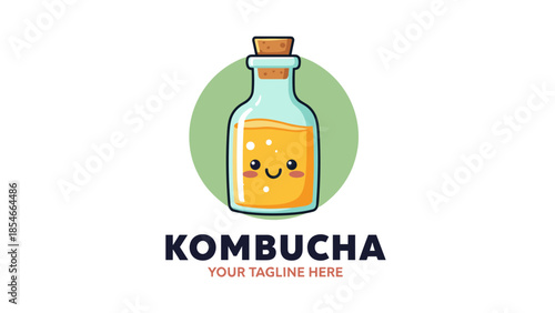 Cute Kombucha Bottle Logo with Smiling Character and Green Badge