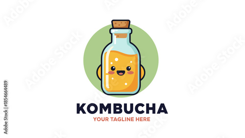 Cute Kombucha Bottle Logo with Smiling Character and Green Badge