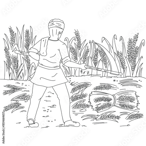 Cute cartoon hand drawn vector male farmer harvesting wheat crops in a wheat field outline.