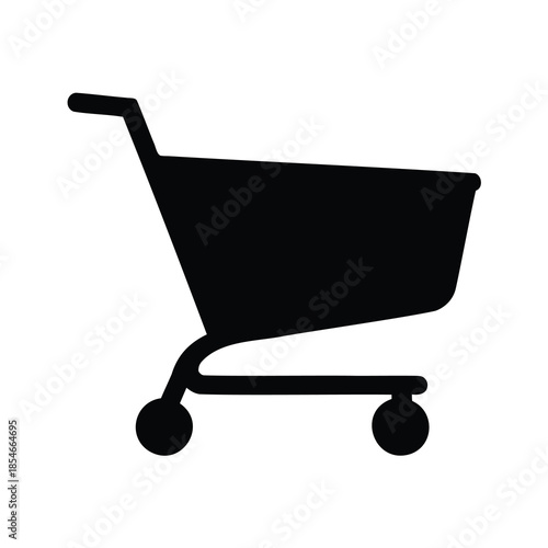 A simple black and white icon of a shopping cart on wheels