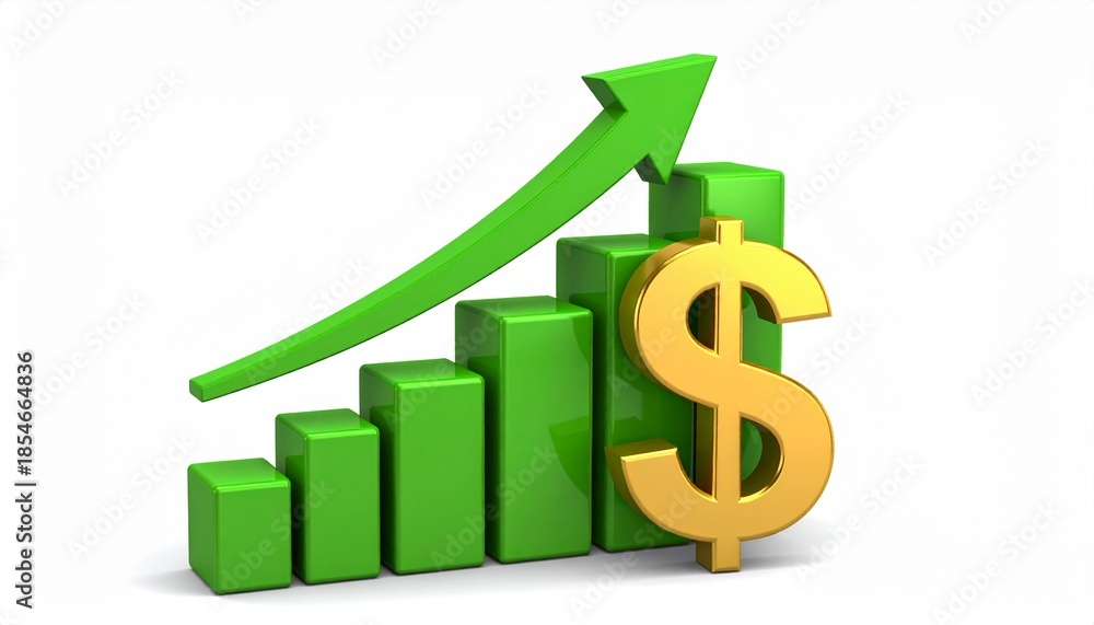 Fototapeta premium Financial Ascent: A photorealistic rendering showcases financial prosperity with a dynamic chart and golden currency symbol, symbolizing growth and success in the realm of business.