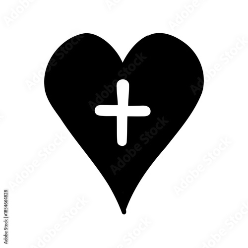 Stylized Black Heart with White Cross Symbol Illustration on White Background