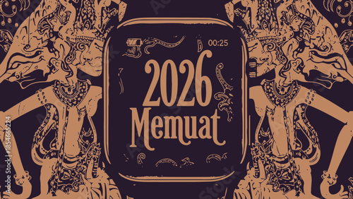 Vintage indonesian wayang kulit puppets frame announcing '2026 memuat' for theatrical cultural events, on dark backdrop