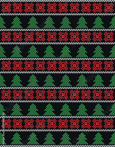 Pixel Nordic Christmas pattern with red ornaments and green trees on black background