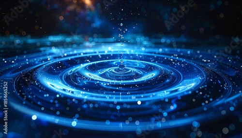 Cosmic Ripples: An artistic representation of a central point in space, with glowing blue concentric circles expanding outwards.