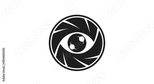 Abstract eye-shaped camera lens logo design in black and white concept imagery