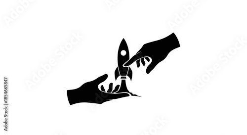 Creative partnership concept with rocket and hands symbolizing business launch