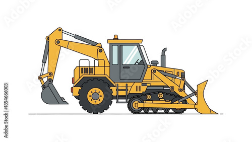Yellow Heavy Machinery Detailed Illustration of a Construction Excavator and Bulldozer