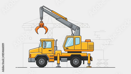 Illustration of a yellow truck with a crane-like arm for lifting and moving objects in an industrial setting