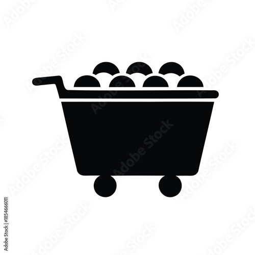 Simple black and white icon of a shopping cart full of items