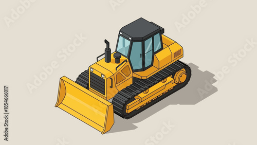 Isometric view of a yellow bulldozer with tracks and a blade, perfect for construction projects