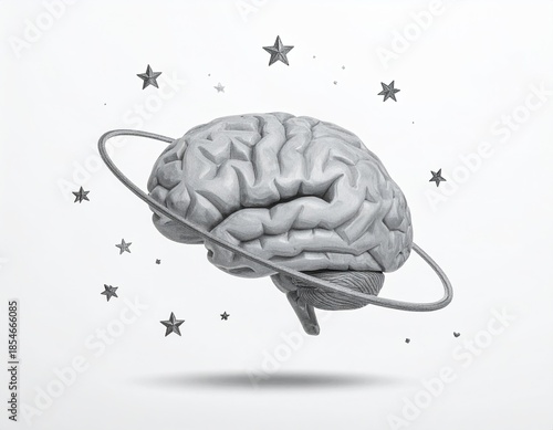 Brain encircled by a ring, surrounded by stars, monochrome image