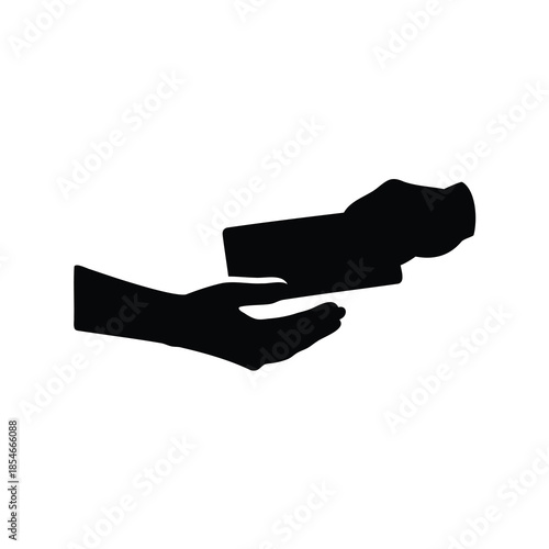 An illustration of a hand receiving something from another hand in black and white