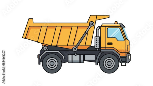 Illustration of a yellow dump truck in profile view, ready for construction or transport tasks