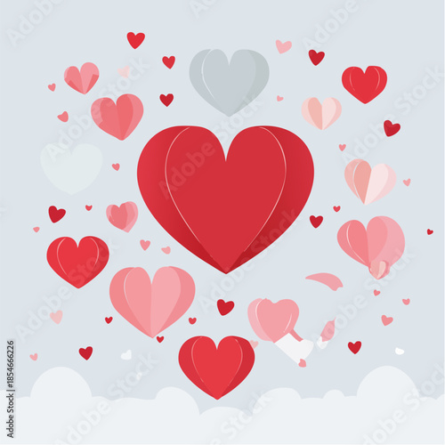 Romantic Valentine background with floating heart elements in flat vector style. Ideal for banners, posters, social media, greeting cards, and seasonal love-themed designs.