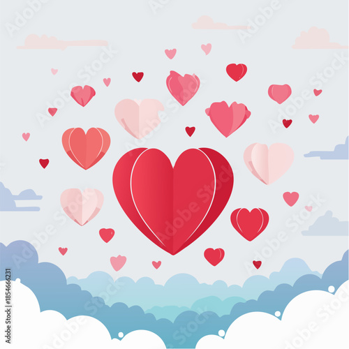 Romantic Valentine background with floating heart elements in flat vector style. Ideal for banners, posters, social media, greeting cards, and seasonal love-themed designs.