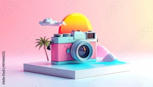 A retro camera on a stand with a tropical sunset scene