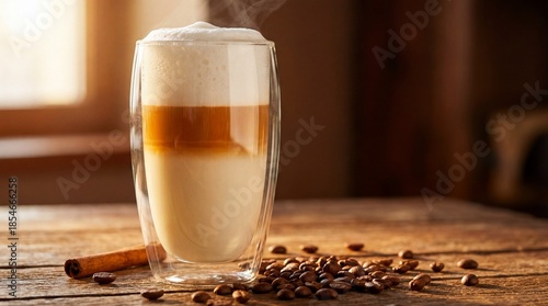 A steaming glass of layered latte macchiato sits on a rustic wooden table surrounded by roasted coffee beans and a cinnamon stick in warm, cozy morning sunlight.